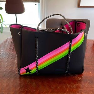 HAUTE SHORE Black Tote with Pink, Green & Lime Diagonal Stripe